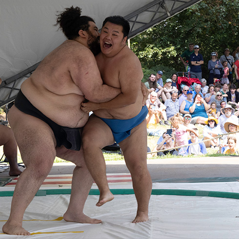 Sumo wrestlers performing demonstration