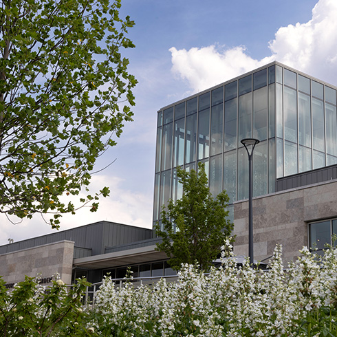 lush garden beds among in front of atrium chamber