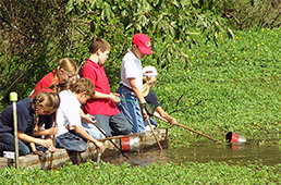 Kids doing water sampling from dock